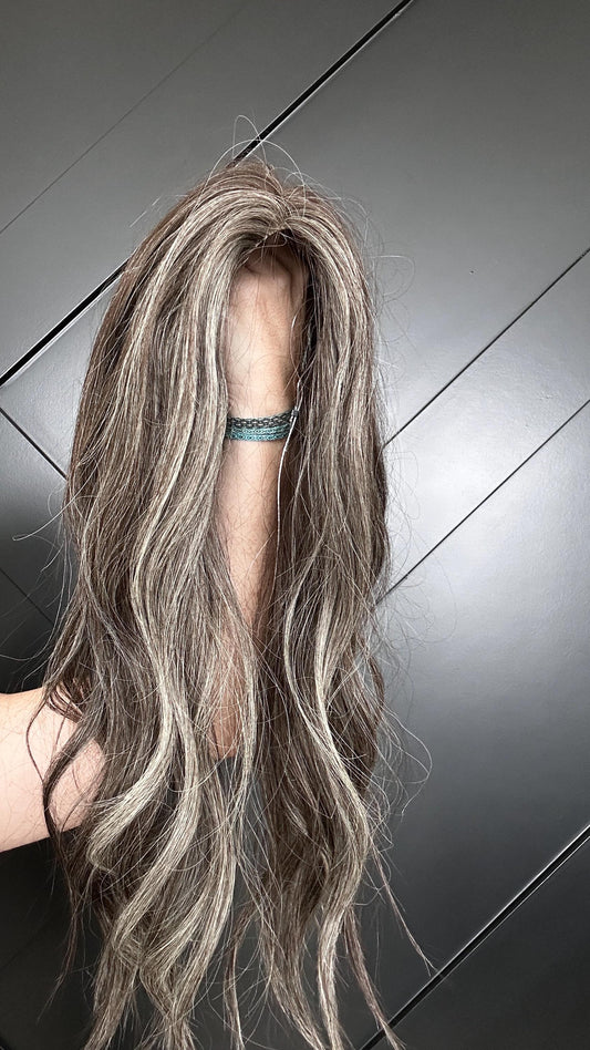 AMY 16 Custom-Made Human Hair Topper | Salt and Pepper 6x7 Topper – Silk Top 5x4 | Medium-High Density | Hand Tied | 16” Brazilian Hair