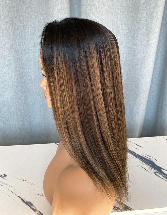 Custom Handcrafted Silk Top Human Hair Topper – 24” Length | 8x8 Base | 150% Density | Warm Brunette Balayage with Dark Root