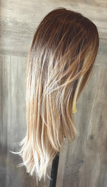 Custom Balayage Lace Front Wig | 100% Remy Human Hair | Brunette to Blonde | Layered Cut 20” | 150 Density | Natural Look