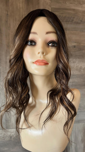 GLOW 16 Ready to Ship Custom Remy Human Hair Topper Brown Root with Golden Highlights – 5x6 Silk Top, 180% Density 16" length Final Sale