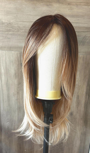 Custom Balayage Lace Front Wig | 100% Remy Human Hair | Brunette to Blonde | Layered Cut 20” | 150 Density | Natural Look