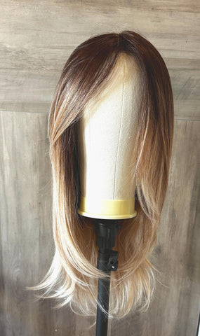 Custom Balayage Lace Front Wig | 100% Remy Human Hair | Brunette to Blonde | Layered Cut 20” | 150 Density | Natural Look