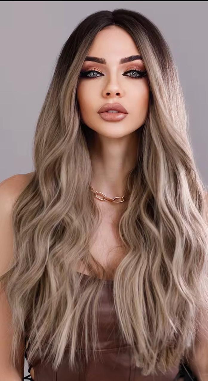 Glam 26” Synthetic HD Lace Front Wig – Middle Part | Rooted Brunette to Blonde Ombre | 180% Density | Heat-Resistant | Glueless