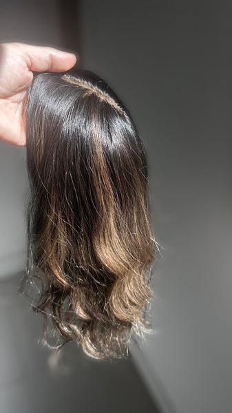 GLOW 16 Ready to Ship Custom Remy Human Hair Topper Brown Root with Golden Highlights – 5x6 Silk Top, 180% Density 16" length Final Sale