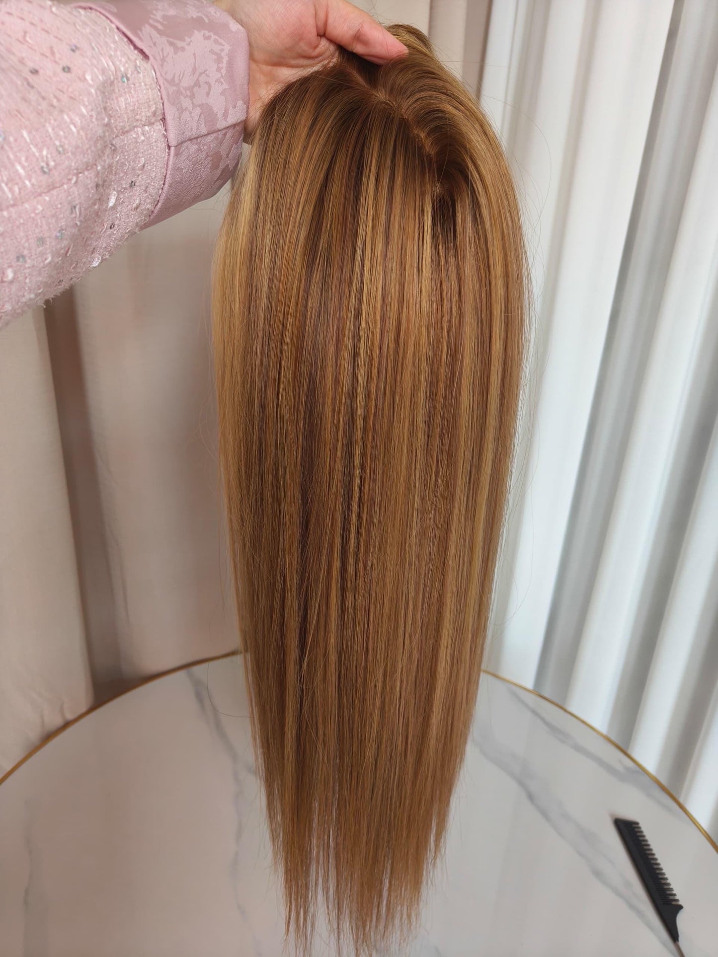CALI European Human Hair Topper 7x8 with Silk Base | Warm Honey Blonde with Lowlights | 14 - 20” Long | Custom-made color