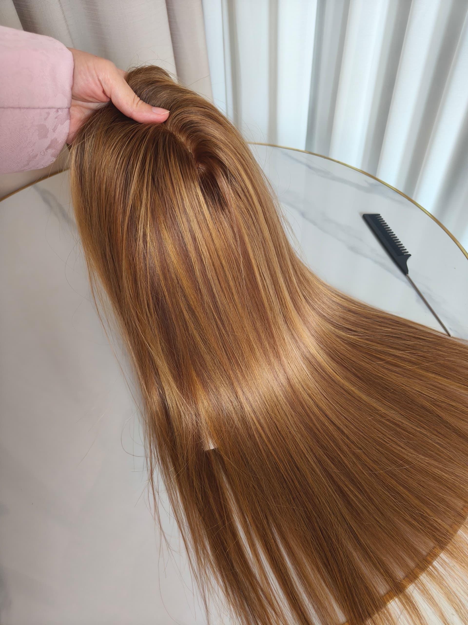 LINA European Hair Custom-Made Human Hair Topper 7x8 with Silk Base | Warm Honey Blonde with Lowlights | 14"-22" Long | Realistic Scalp