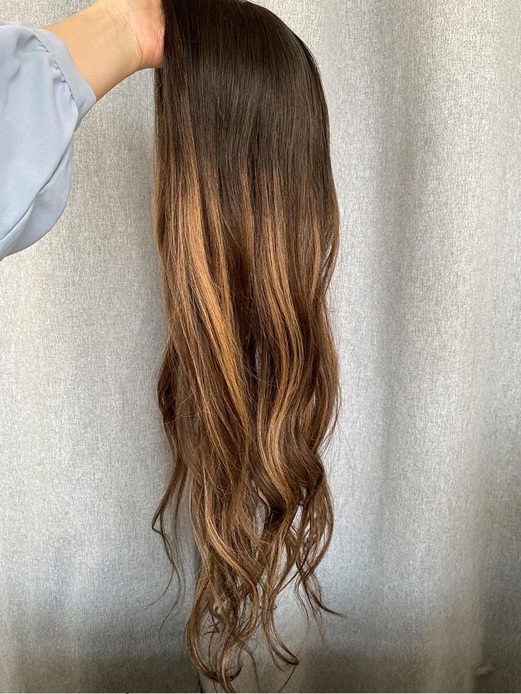EDEN 18"-26" Custom Handcrafted Silk Top Human Hair Topper – | 8x8 Base | 150% Density | Warm Brunette Balayage with Dark Root