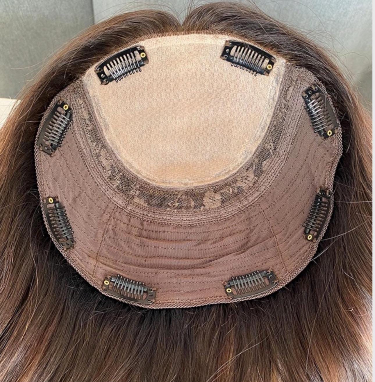 CALI European Human Hair Topper 7x8 with Silk Base | Warm Honey Blonde with Lowlights | 14 - 20” Long | Custom-made color