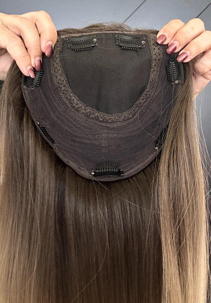 FEATHER 18” European Silk Top Human Hair Topper – Rooted Brown to Beige Blonde | 8x8 Base | Remy Hair | Topper for Thinning Hair Final Sale