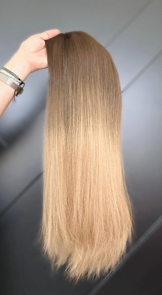 FEATHER 18” European Silk Top Human Hair Topper – Rooted Brown to Beige Blonde | 8x8 Base | Remy Hair | Topper for Thinning Hair Final Sale