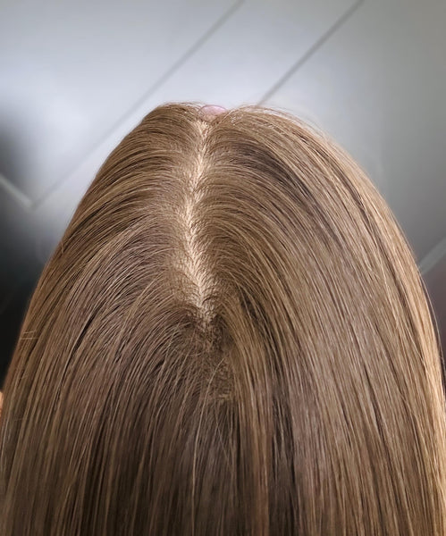 FEATHER 18” European Silk Top Human Hair Topper – Rooted Brown to Beige Blonde | 8x8 Base | Remy Hair | Topper for Thinning Hair Final Sale