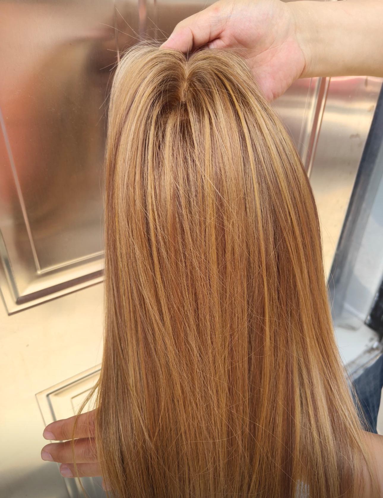 CALI European Human Hair Topper 7x8 with Silk Base | Warm Honey Blonde with Lowlights | 14 - 20” Long | Custom-made color