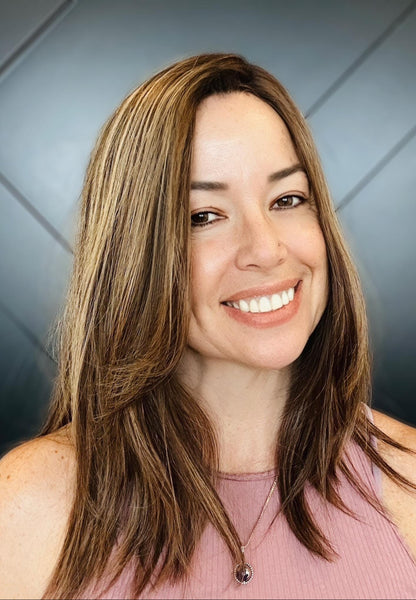 OLIVIA 14 Premium Remy Human Hair Topper w/Halo | 14” Skin Top | 7.5x7.5 Mid-Low Density | Warm Brunette with Golden Highlights Final Sale