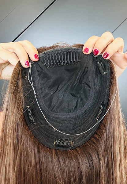 OLIVIA 14 Premium Remy Human Hair Topper w/Halo | 14” Skin Top | 7.5x7.5 Mid-Low Density | Warm Brunette with Golden Highlights Final Sale