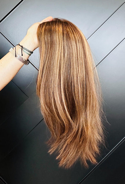 OLIVIA 14 Premium Remy Human Hair Topper w/Halo | 14” Skin Top | 7.5x7.5 Mid-Low Density | Warm Brunette with Golden Highlights Final Sale