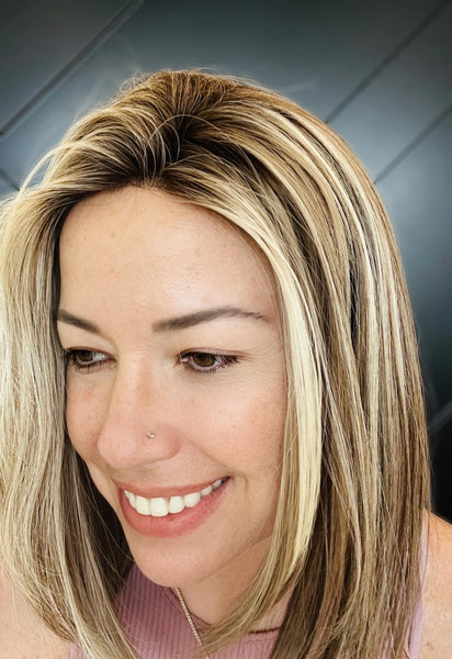 TAYLOR 12 Brazilian Human Hair Topper 12” | 6.5”x7” Closed Lace with Halo| Low Density | Medium Brown with Golden Highlights | Final Sale