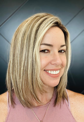 TAYLOR 12 Brazilian Human Hair Topper 12” | 6.5”x7” Closed Lace with Halo| Low Density | Medium Brown with Golden Highlights | Final Sale