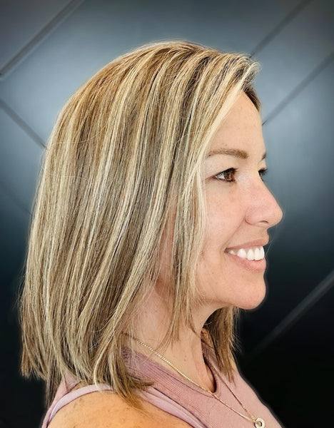 TAYLOR 12 Brazilian Human Hair Topper 12” | 6.5”x7” Closed Lace with Halo| Low Density | Medium Brown with Golden Highlights | Final Sale