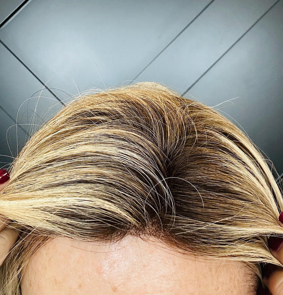 TAYLOR 12 Brazilian Human Hair Topper 12” | 6.5”x7” Closed Lace with Halo| Low Density | Medium Brown with Golden Highlights | Final Sale