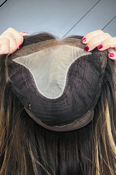 SUSANA 14" European Human Hair Wig | Premium Dark Brown with HL | Lace Top with Silk Liner | Bleached Knots & Pre-Plucked 14” Final Sale