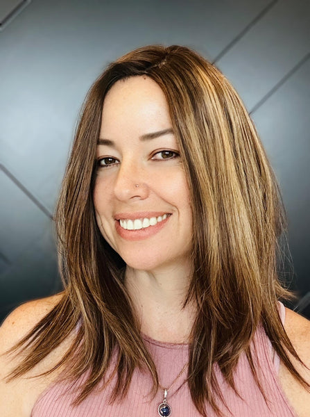 OLIVIA 14 Premium Remy Human Hair Topper w/Halo | 14” Skin Top | 7.5x7.5 Mid-Low Density | Warm Brunette with Golden Highlights Final Sale