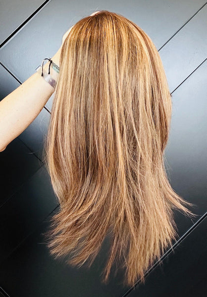 OLIVIA 14 Premium Remy Human Hair Topper w/Halo | 14” Skin Top | 7.5x7.5 Mid-Low Density | Warm Brunette with Golden Highlights Final Sale