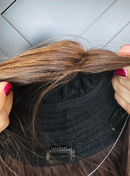 OLIVIA 14 Premium Remy Human Hair Topper w/Halo | 14” Skin Top | 7.5x7.5 Mid-Low Density | Warm Brunette with Golden Highlights Final Sale