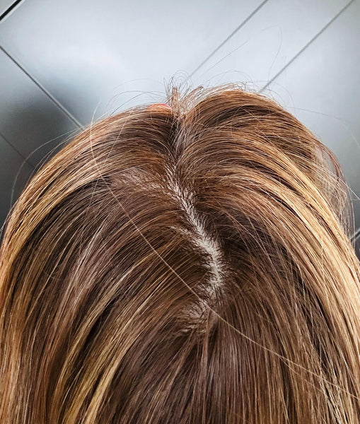 OLIVIA 14 Premium Remy Human Hair Topper w/Halo | 14” Skin Top | 7.5x7.5 Mid-Low Density | Warm Brunette with Golden Highlights Final Sale