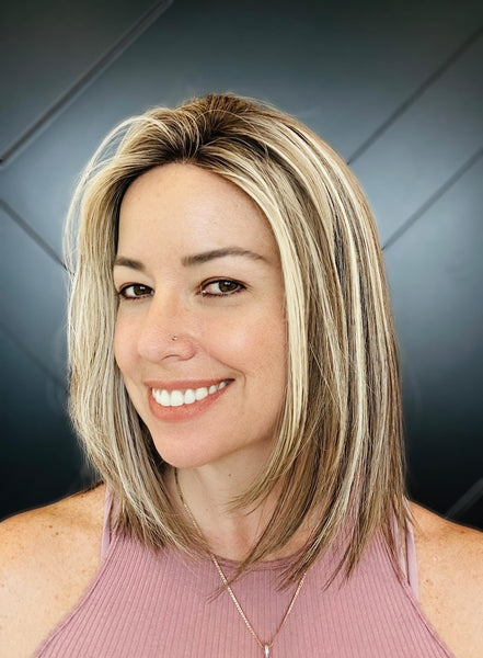 TAYLOR 12 Brazilian Human Hair Topper 12” | 6.5”x7” Closed Lace with Halo| Low Density | Medium Brown with Golden Highlights | Final Sale