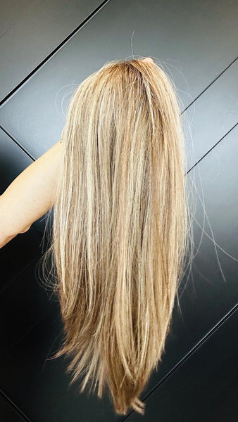 TAYLOR 12 Brazilian Human Hair Topper 12” | 6.5”x7” Closed Lace with Halo| Low Density | Medium Brown with Golden Highlights | Final Sale