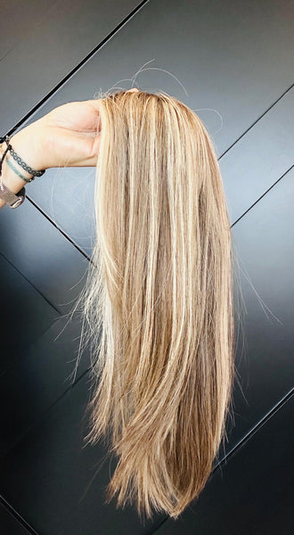 TAYLOR 12 Brazilian Human Hair Topper 12” | 6.5”x7” Closed Lace with Halo| Low Density | Medium Brown with Golden Highlights | Final Sale