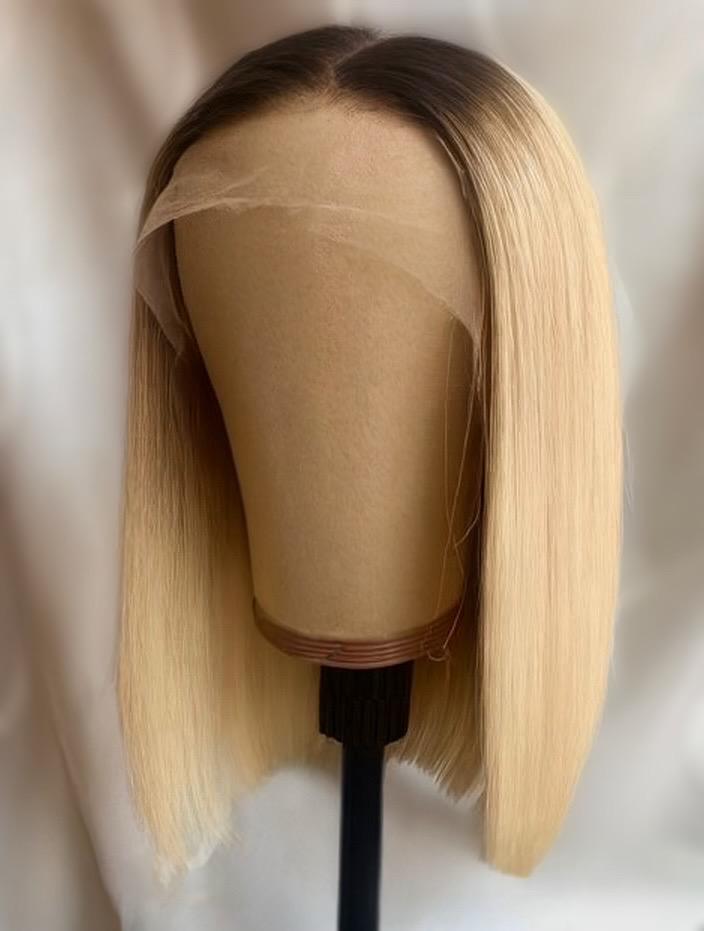 LIDIA 12” Custom-Made Blended Blonde Bob European Hair Wig | Lace Front | Color 6 Roots with Honey Blonde 10 | Transparent HD Lace