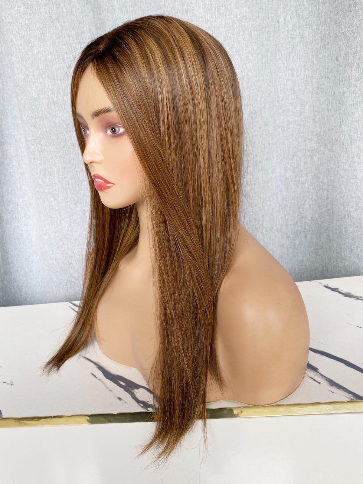 Custom Human Hair Topper 7x8 with Silk Base | Warm Honey Blonde with Lowlights | 14 - 20” Long | Realistic Scalp | Remy Hair Wiglet