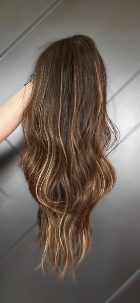 JANINE 18 Layered Brazilian Human Hair Wig | Medium Density Lace Front Wig | Natural Brown Balayage Highlights | Final sale