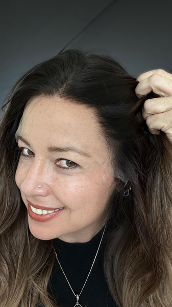 JANINE 18 Layered Brazilian Human Hair Wig | Medium Density Lace Front Wig | Natural Brown Balayage Highlights | Final sale