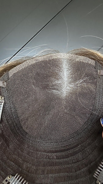 MYSTIQUE 12 Brazilian Human Hair Topper 12” | 6.5”x7” Closed Lace with Halo| Low Density | Medium Brown with Golden Highlights | Final Sale