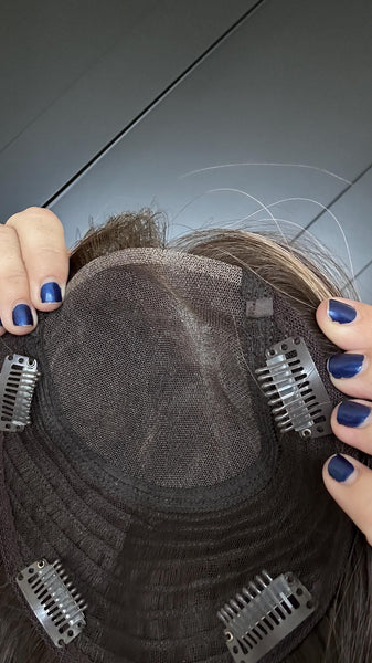 MYSTIQUE 12 Brazilian Human Hair Topper 12” | 6.5”x7” Closed Lace with Halo| Low Density | Medium Brown with Golden Highlights | Final Sale