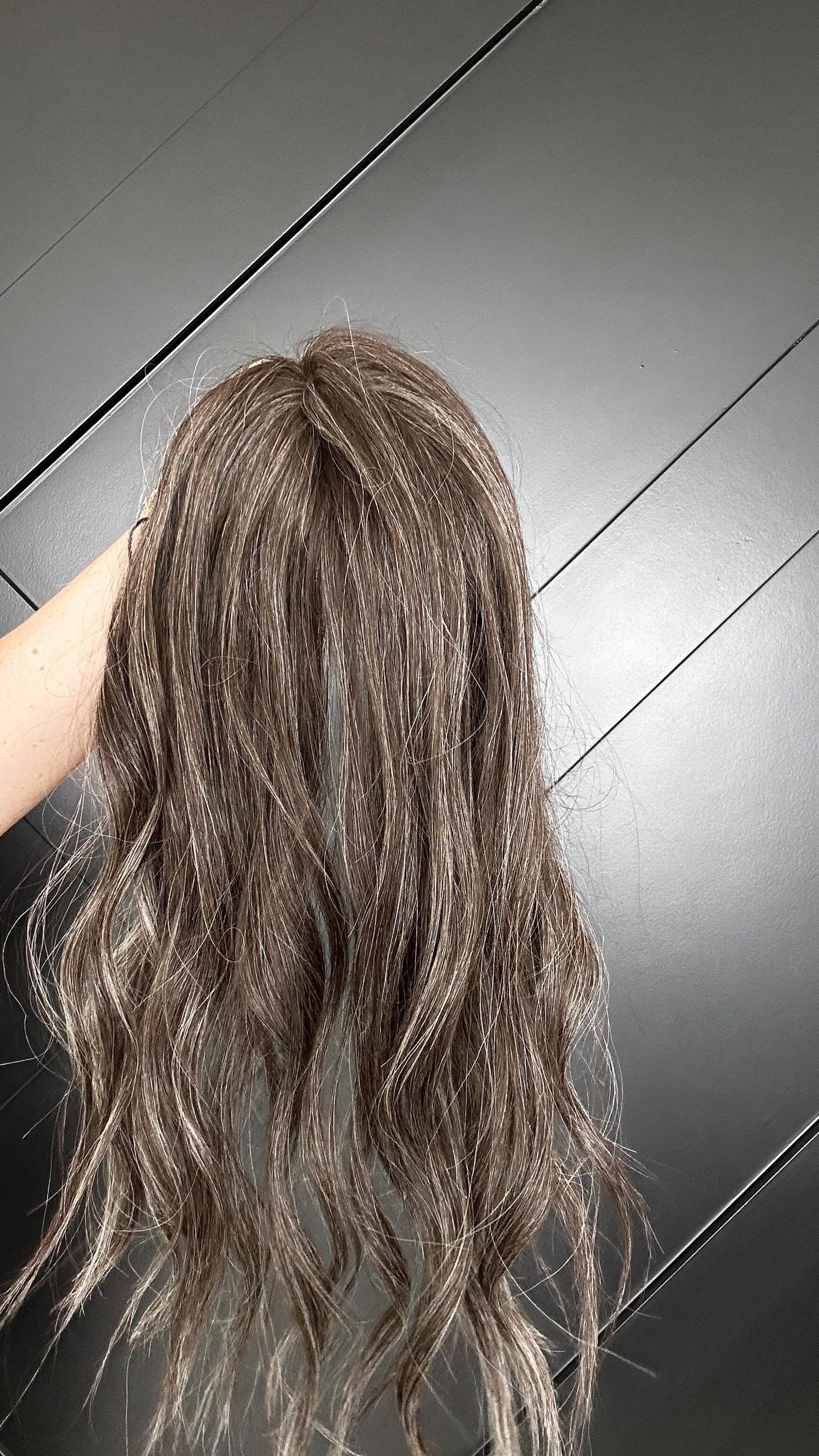 AMY 16 Custom-Made Human Hair Topper | Salt and Pepper 6x7 Topper – Silk Top 5x4 | Medium-High Density | Hand Tied | 16” Brazilian Hair