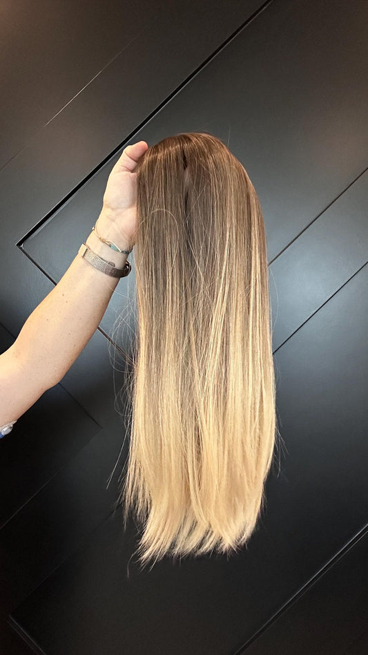 COLETTE 18” European Silk Top Human Hair Topper – Rooted Brown to Beige Blonde | 6x7 Base | Remy Hair | Clip-In Topper Final Sale