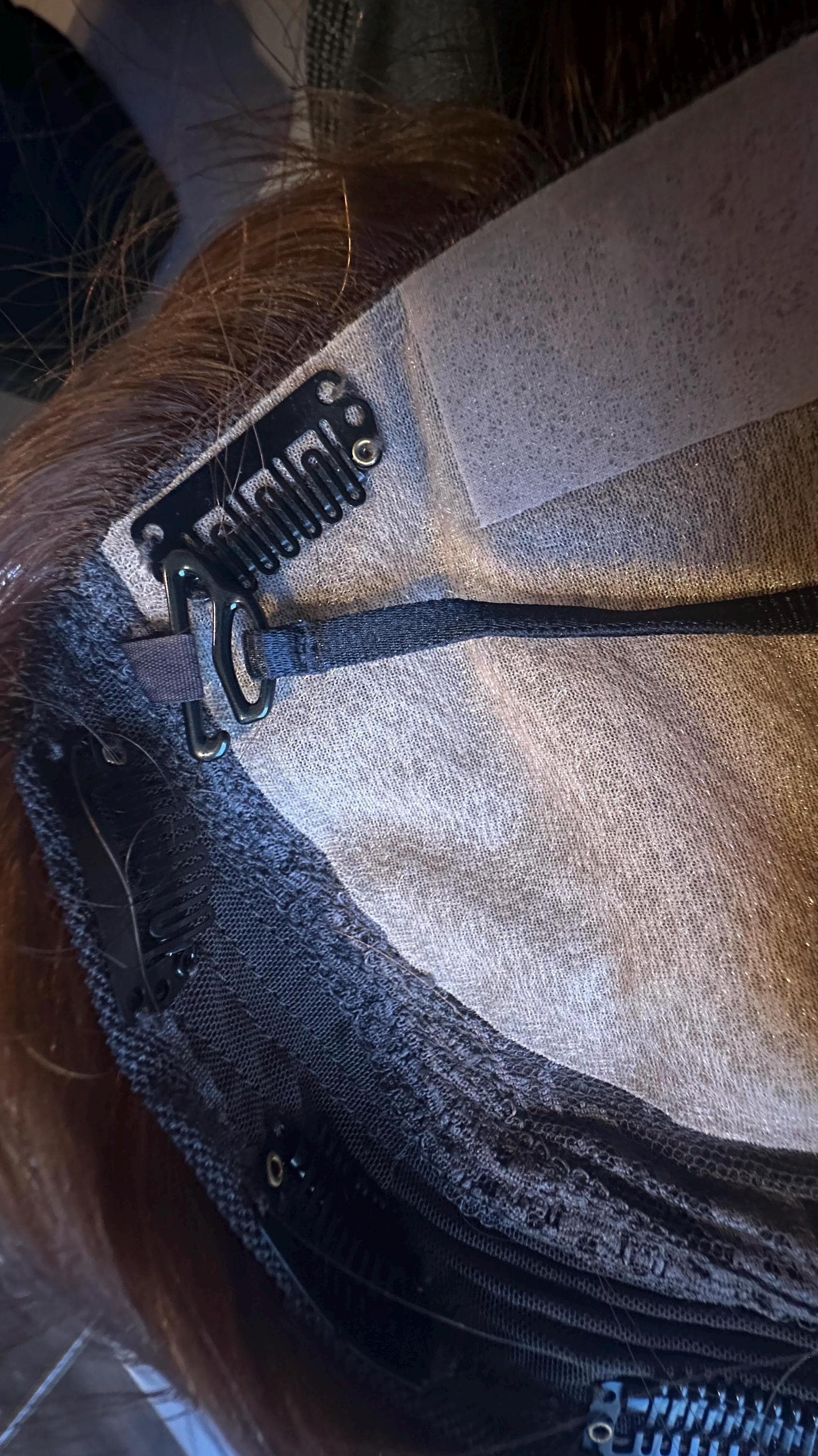 Adjustable Fabric Brown and Beige Straps End Hooks for Wigs & Toppers 19″+ • Secure, Glue-Free Halo Attachment • Set of 2