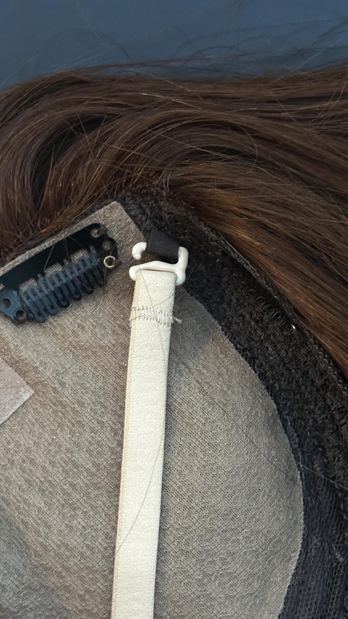 Adjustable Fabric Black and Beige Straps End Hooks for Wigs & Toppers 19″+ • Secure, Glue-Free Halo Attachment • Set of 2