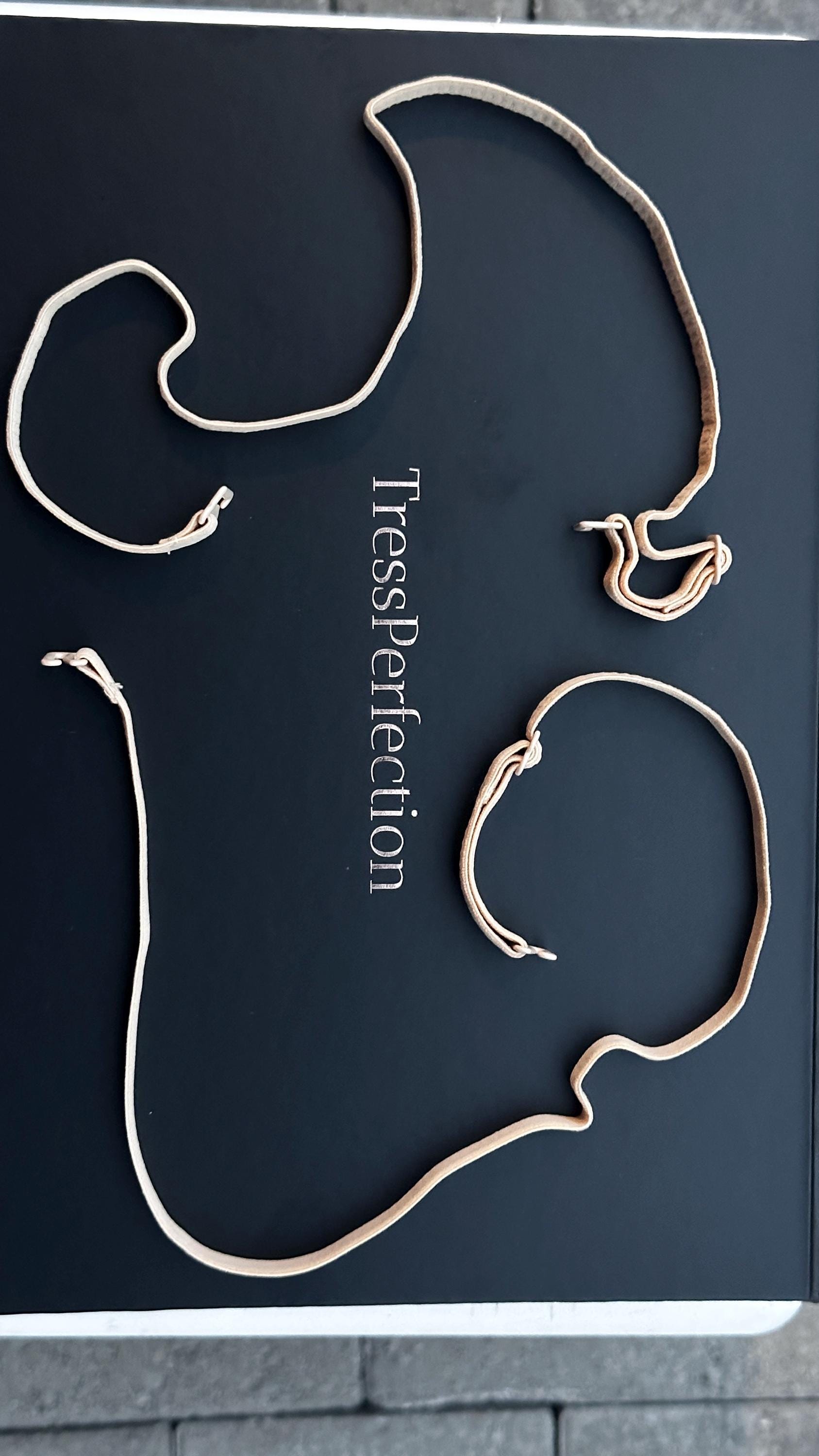 Adjustable Fabric Black and Beige Straps End Hooks for Wigs & Toppers 19″+ • Secure, Glue-Free Halo Attachment • Set of 2