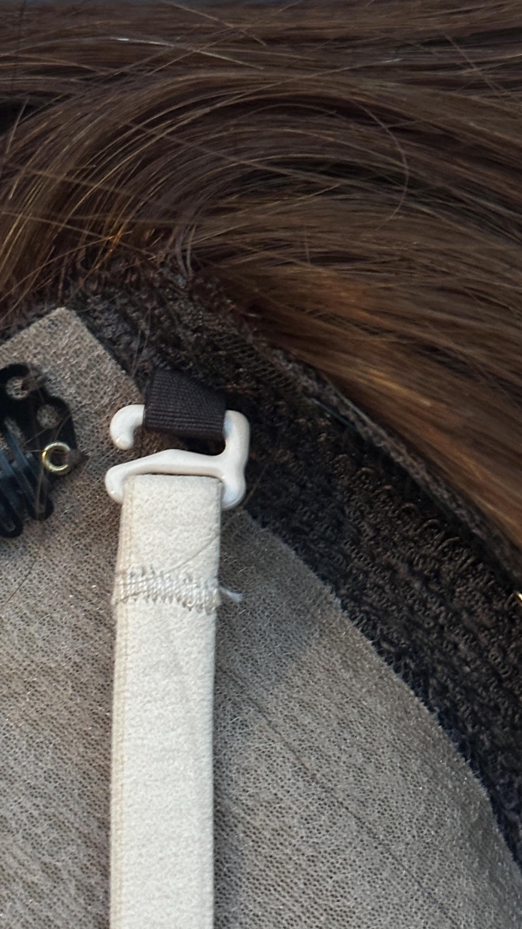 Adjustable Fabric Black and Beige Straps End Hooks for Wigs & Toppers 19″+ • Secure, Glue-Free Halo Attachment • Set of 2