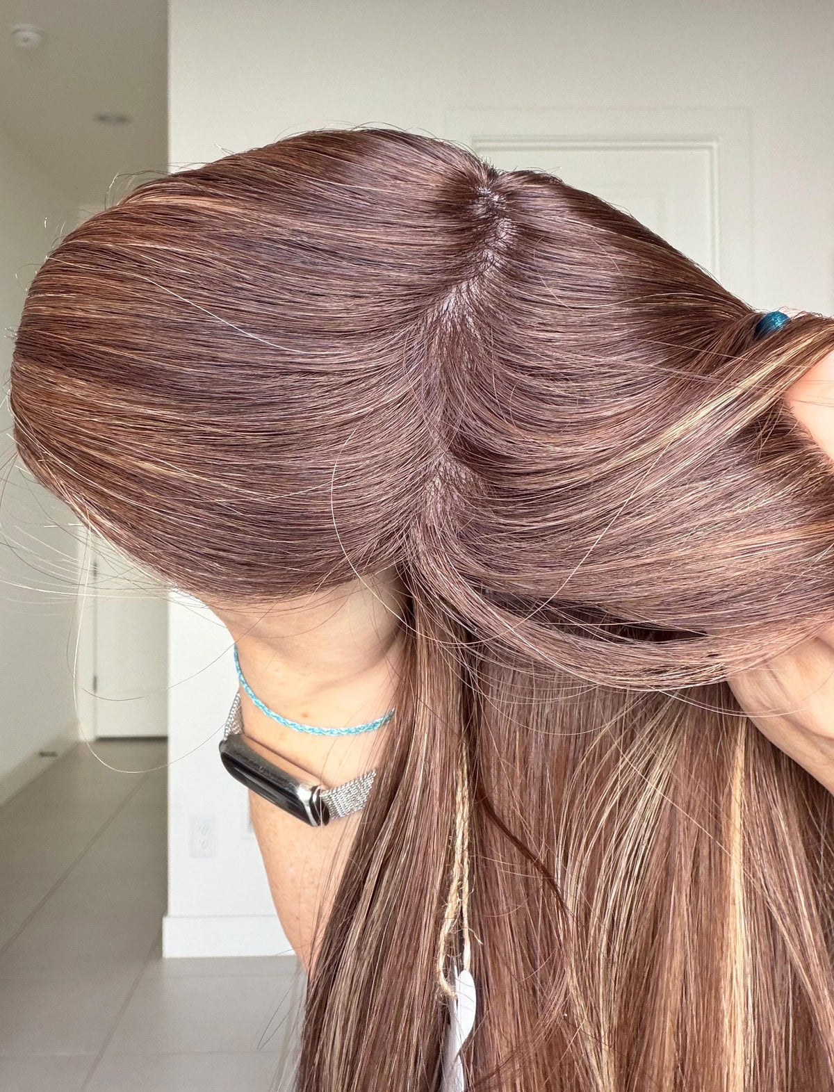 ELIZABETTA European Human Hair Topper | 8x8 Base | 4x4 Silk Top | 16” Length | Average Density | Warm dimensional brunette-blonde