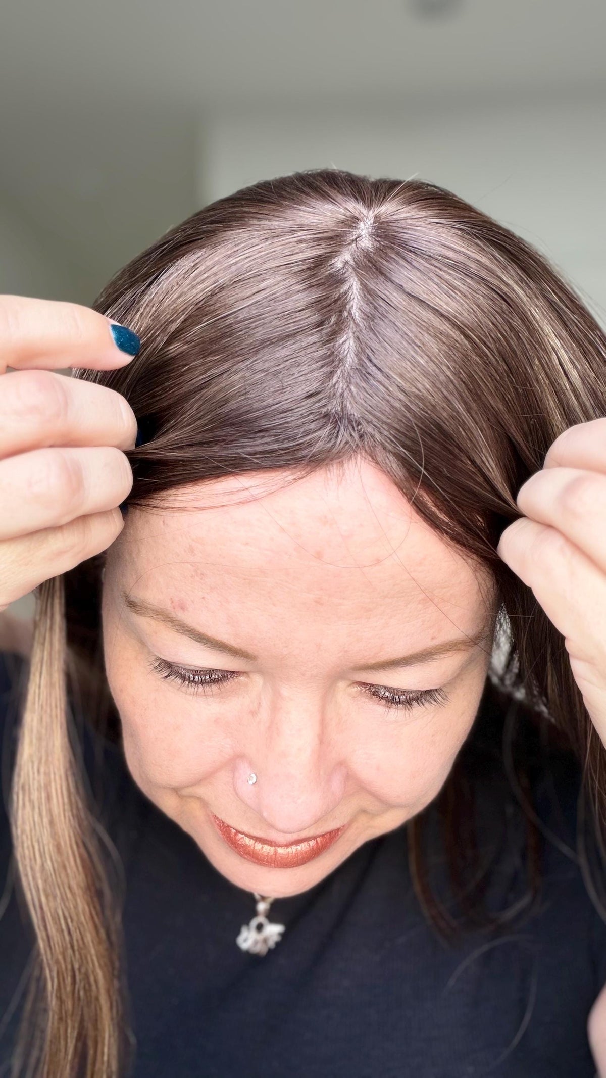 RENATA European Human Hair Topper | 8x8 Base | 4x4 Silk Top | 18” Length | Average Density | Warm brunette with blonde ribbons