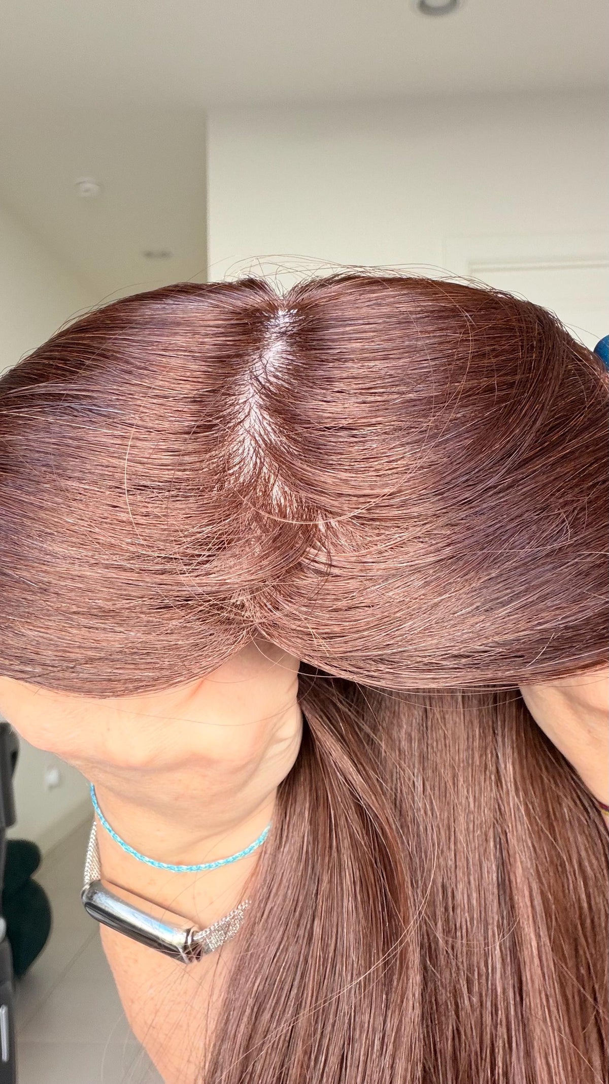 RENATA European Human Hair Topper | 8x8 Base | 4x4 Silk Top | 18” Length | Average Density | Warm brunette with blonde ribbons