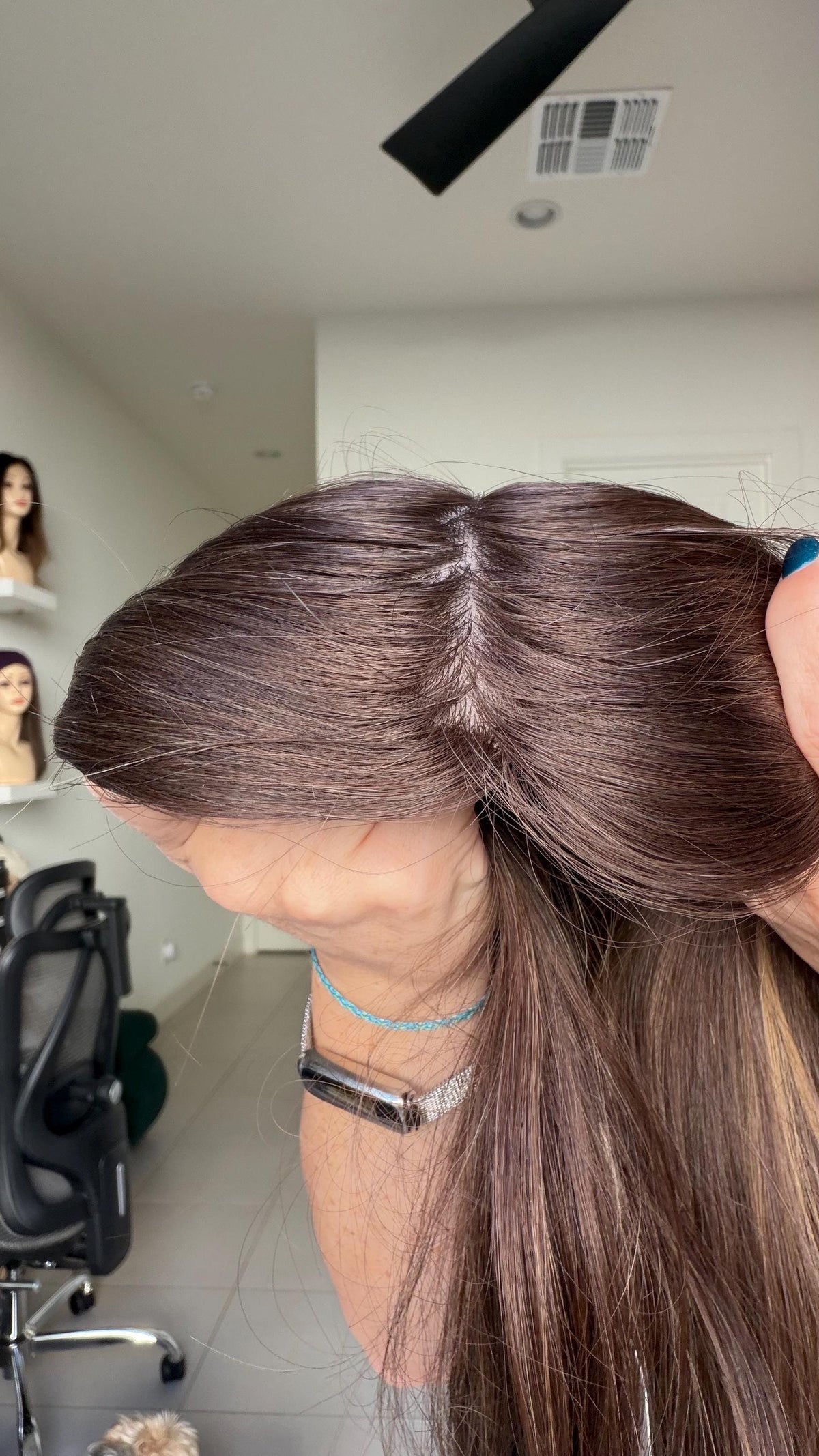 RENATA European Human Hair Topper | 8x8 Base | 4x4 Silk Top | 18” Length | Average Density | Warm brunette with blonde ribbons