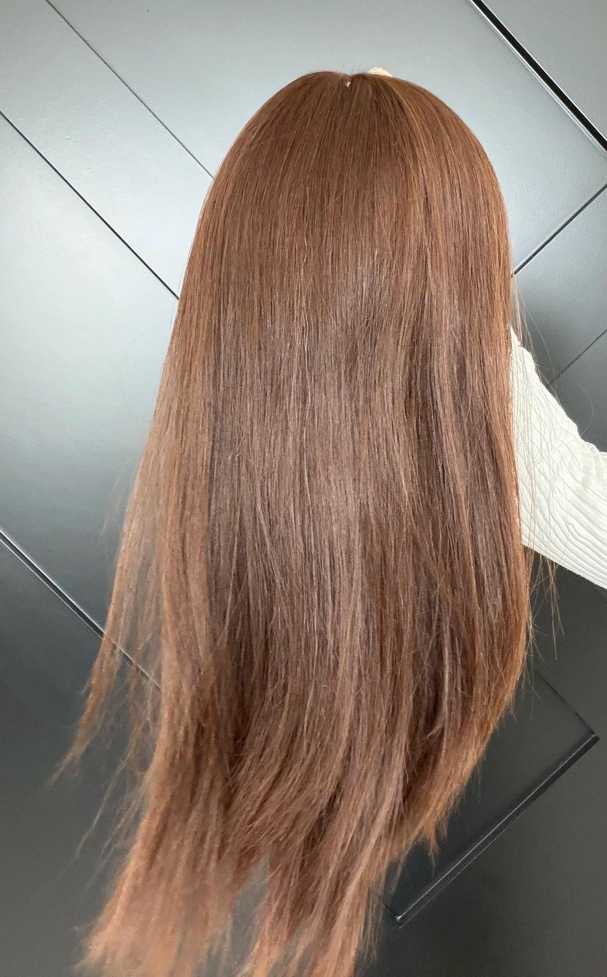 RENATA European Human Hair Topper | 8x8 Base | 4x4 Silk Top | 18” Length | Average Density | Warm brunette with blonde ribbons