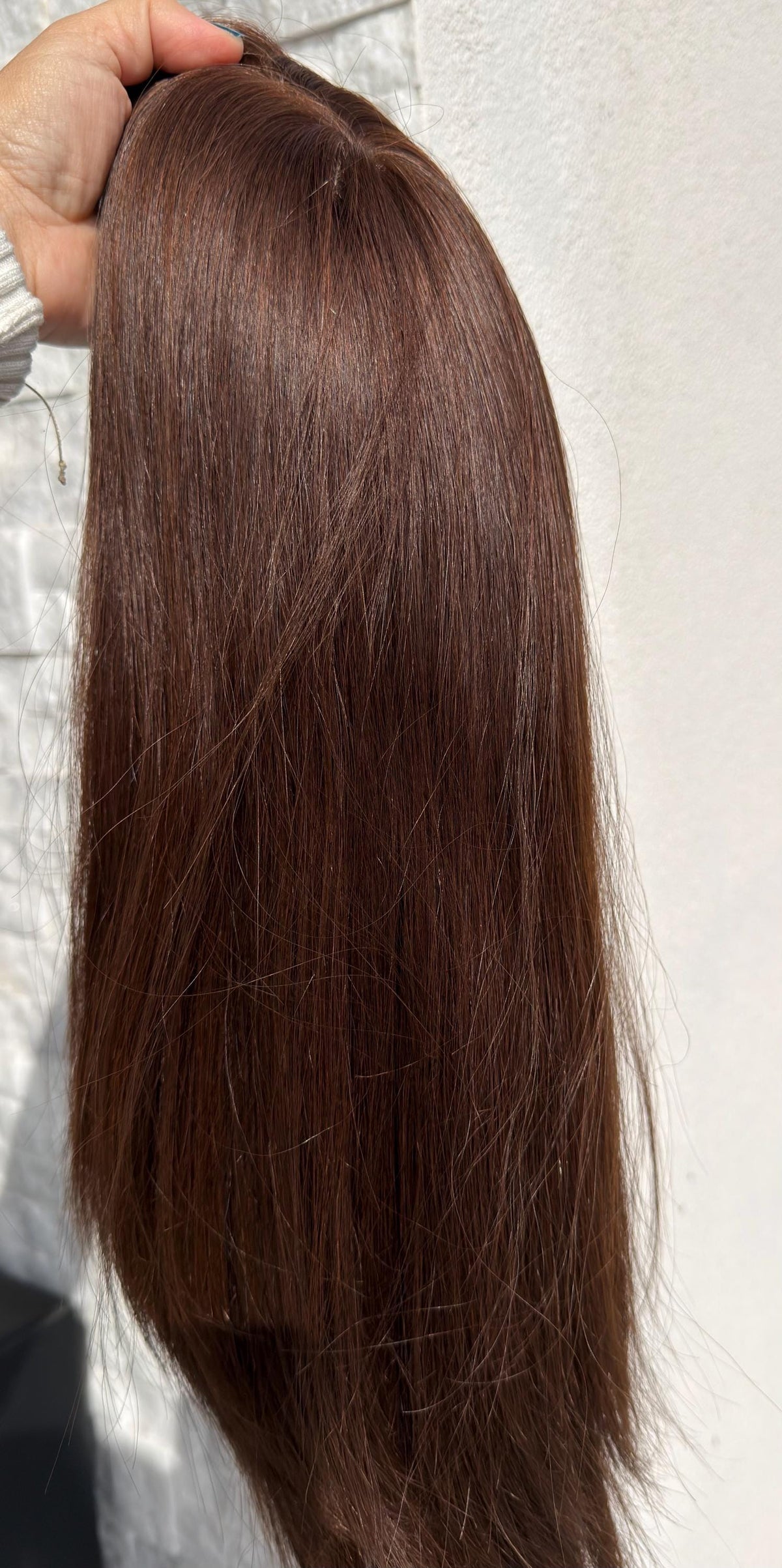 RENATA European Human Hair Topper | 8x8 Base | 4x4 Silk Top | 18” Length | Average Density | Warm brunette with blonde ribbons