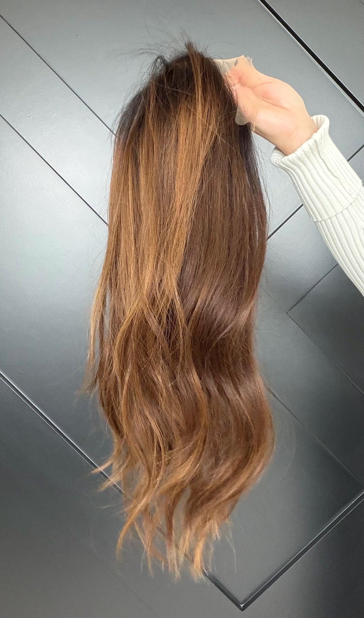 CAMILLE Layered Brazilian Virgin Human Hair Wig | Medium Density 13x6 Lace Front Wig | Natural Brunette with Warm Highlights Vtabs | 18”-26
